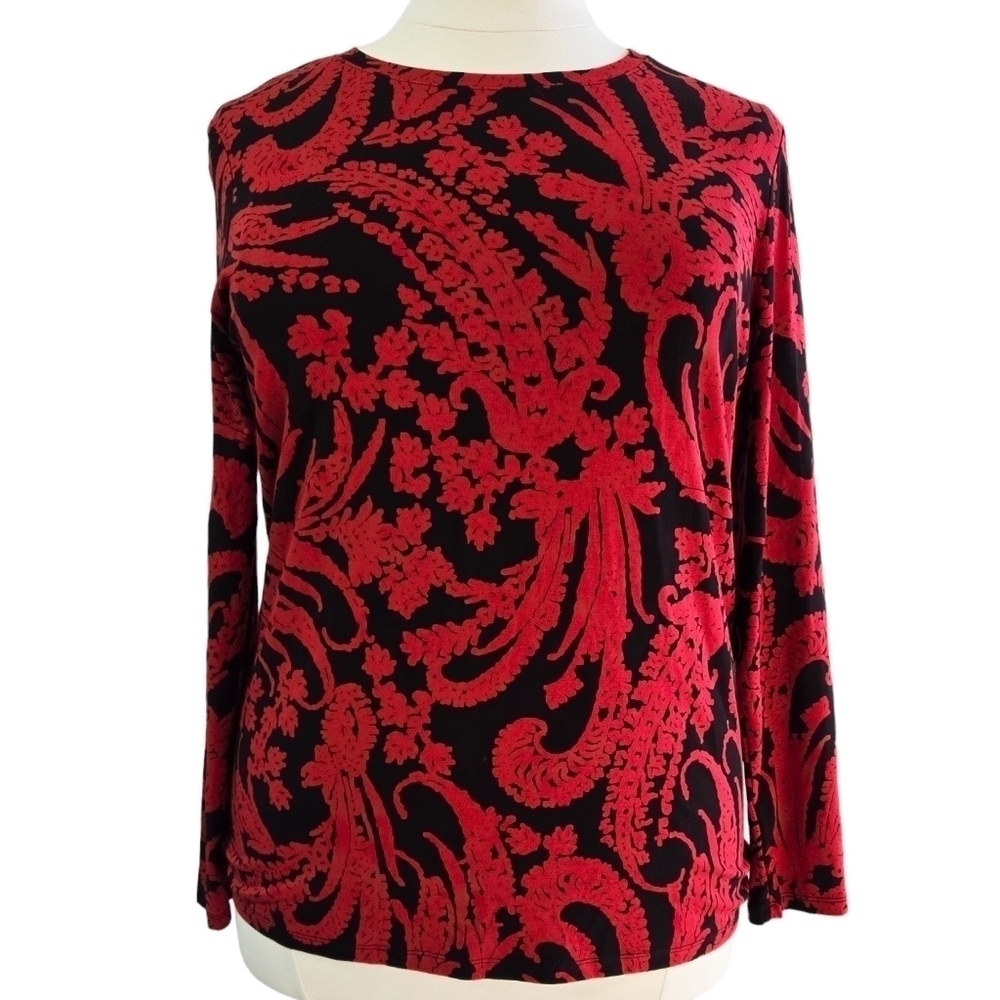 Chico's Touch of Cool Paisley Layering Tee Red Black Crew Neck Layering Stretch